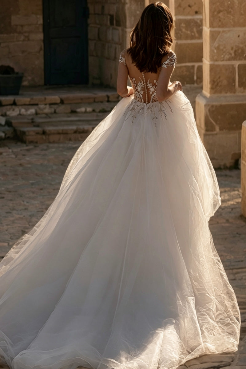 Off-The-Shoulder V-Neck A-Line Beaded Appliques Lace Wedding Dress