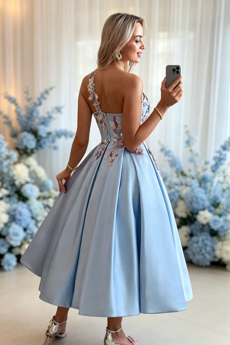One-Shoulder Ball-Gown Tea-Length Satin Homecoming Dresses with Flower