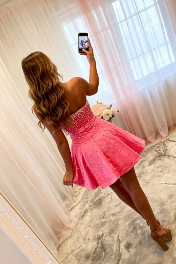 Pink A-Line Strapless Faux Pearls Homecoming Dresses with Bow Party Dresses