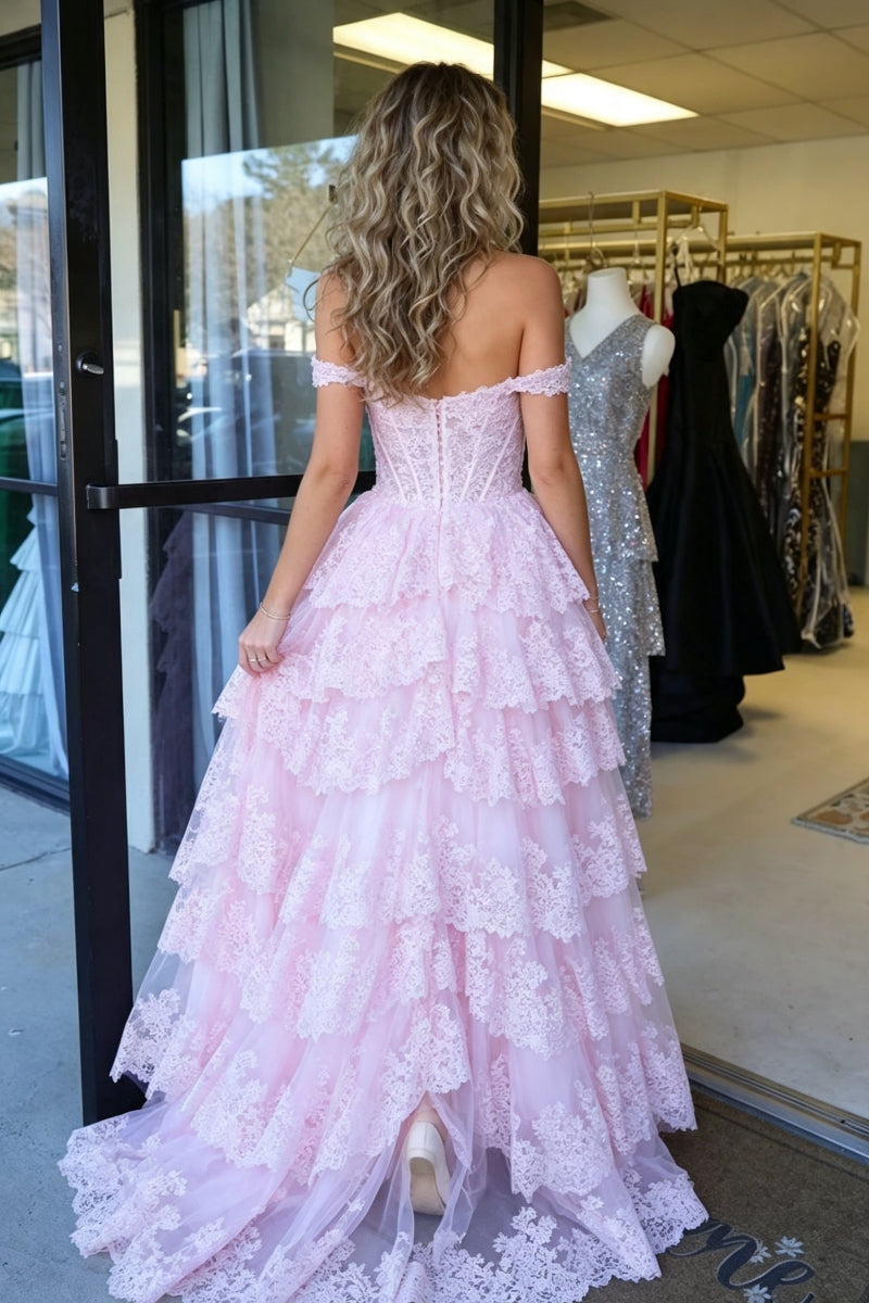 Pink Off-The-Shoulder A-Line Long Prom Dress with Ruffles