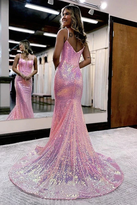 Pink Sequin Mermaid Prom Dress Sparkly Spaghetti Straps Evening Gown