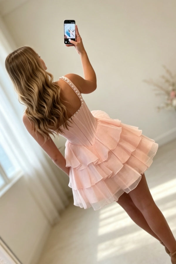 Pink Square A-Line Tulle Homecoming Dresses with Ruffles