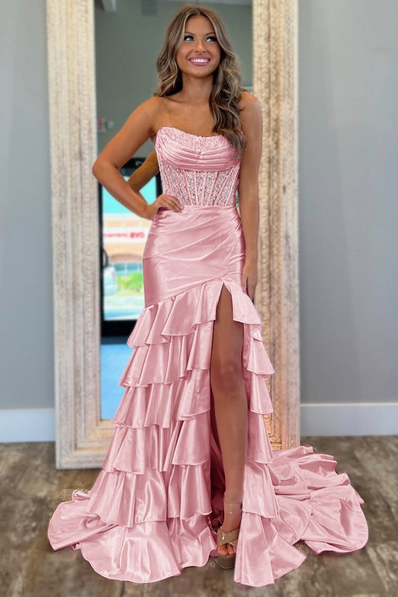 Pink Strapless Mermaid Satin Sequins Prom Dresses with Ruffles