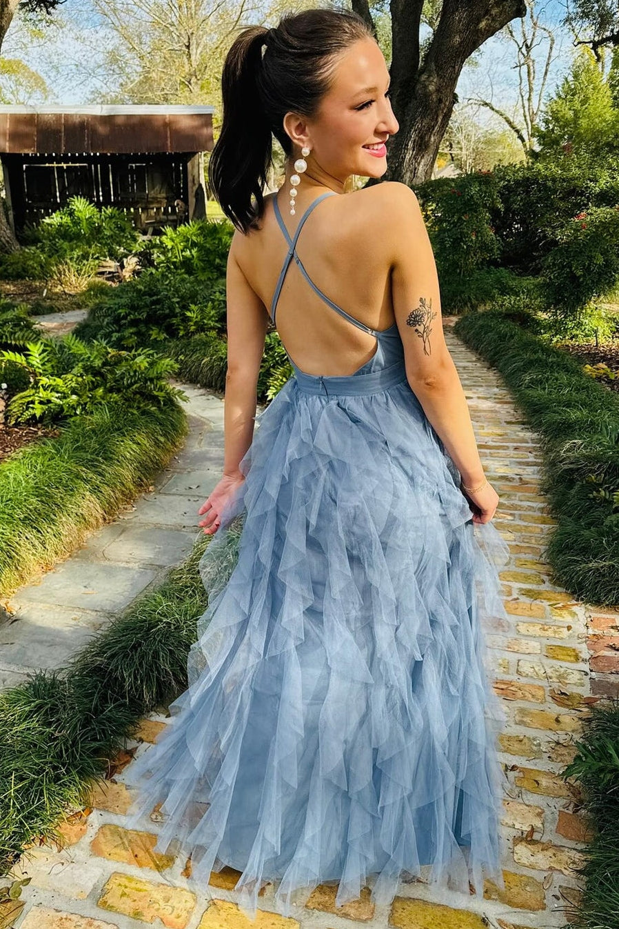 Plunge V Ruffles Prom Dress with Open Back