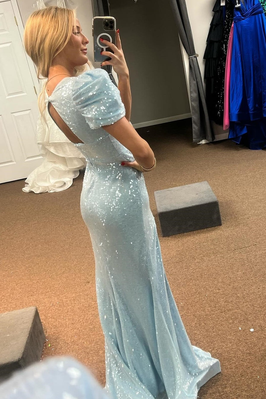 Puff Sleeve Sequin Prom Dress Shiny V-Neck Slit Evening Gown