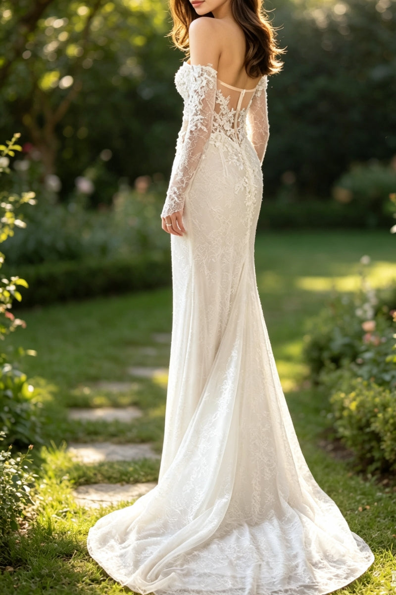 Romantic Mermaid Sweetheart Lace Floral Tulle Wedding Dress with Slit