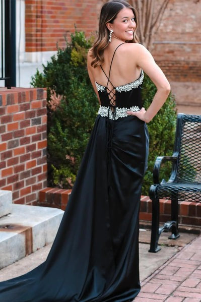 Sexy Beaded Slit Prom Dress Corset Ruched Long Evening Gown