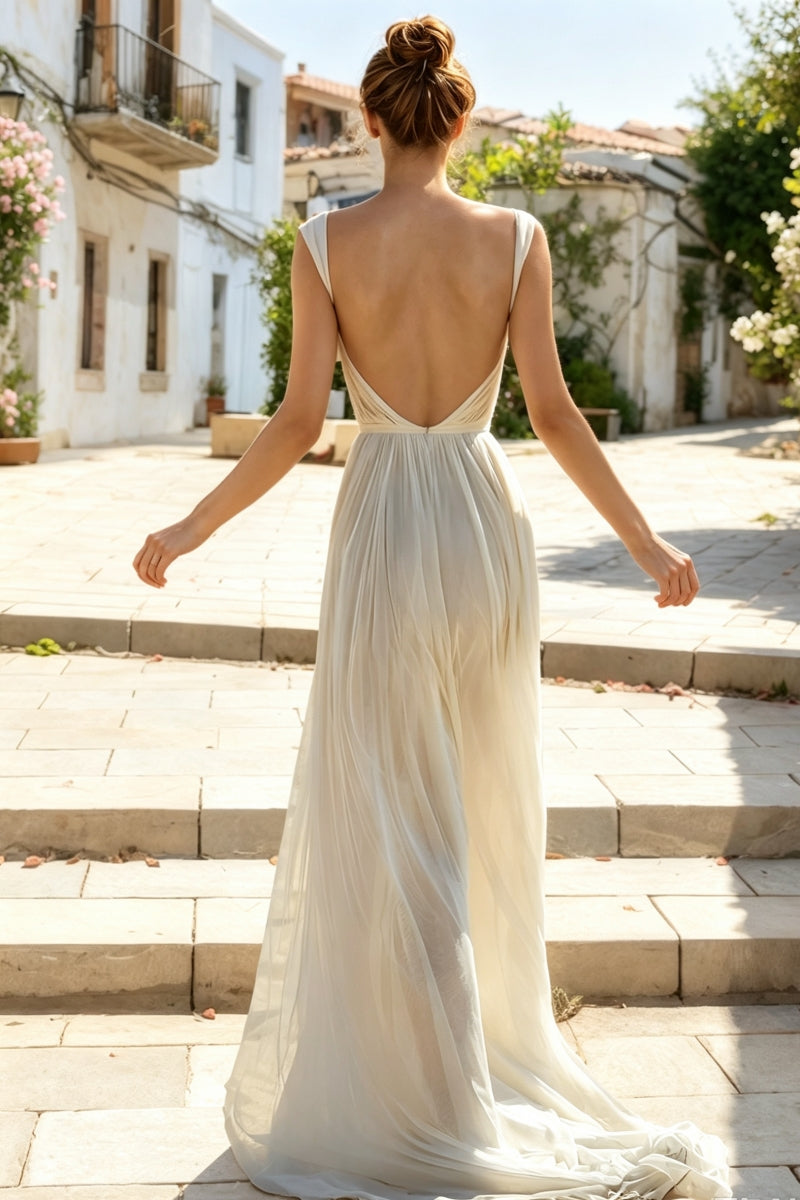 Sexy Spaghetti Strap V-Neck A-Line Backless Chiffon Wedding Dress with Slit