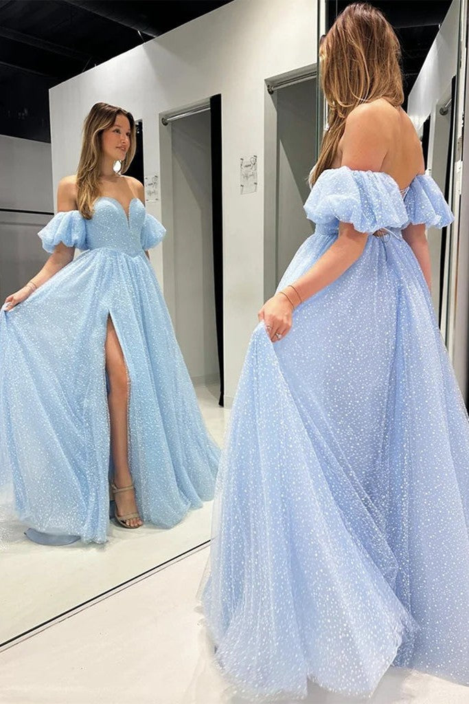 Shiny Slit Princess Prom Dress Off The Shoulder Tulle Evening Gown