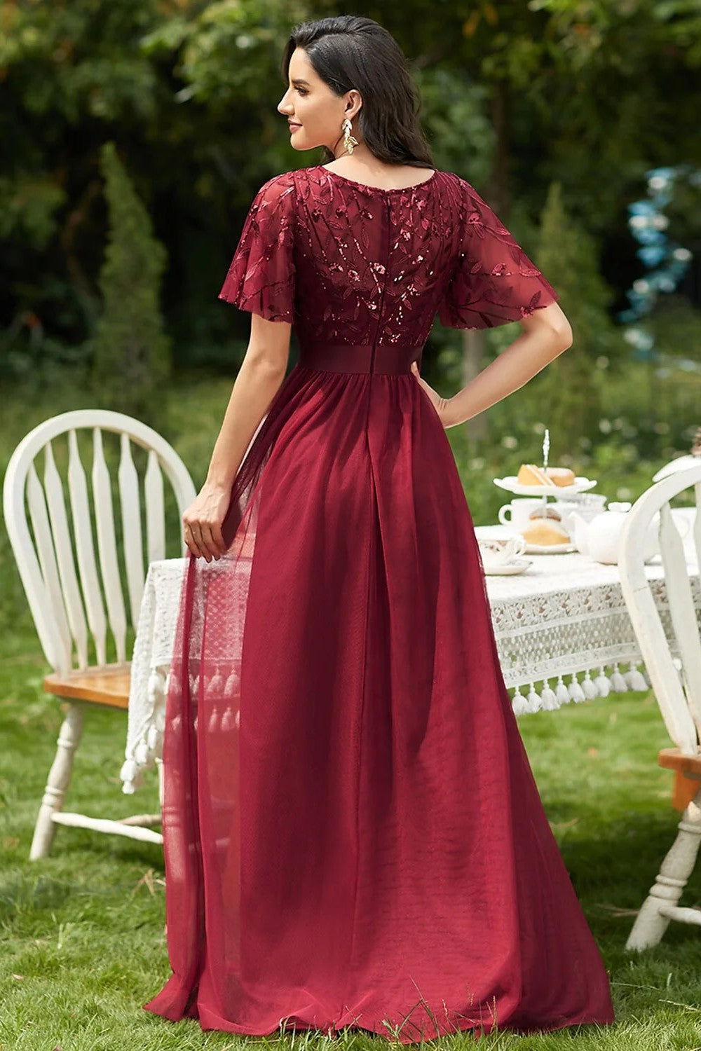 Short Sleeves A-Line Evening Gowns Burgundy Sequin Appliques Prom Dress