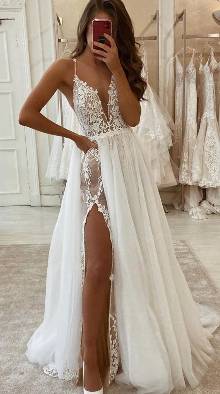 Simple A-Line Lace Long Wedding Dresses with Spaghetti Straps