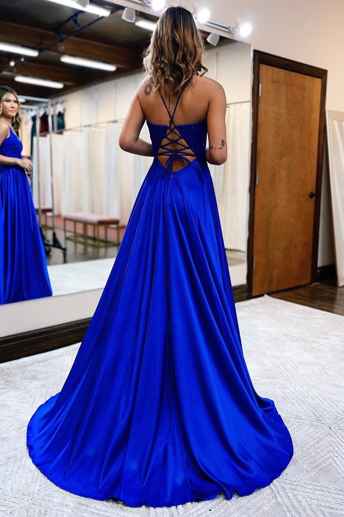 Slit A-Line Prom Dress With Pockets And Lace-Up Back