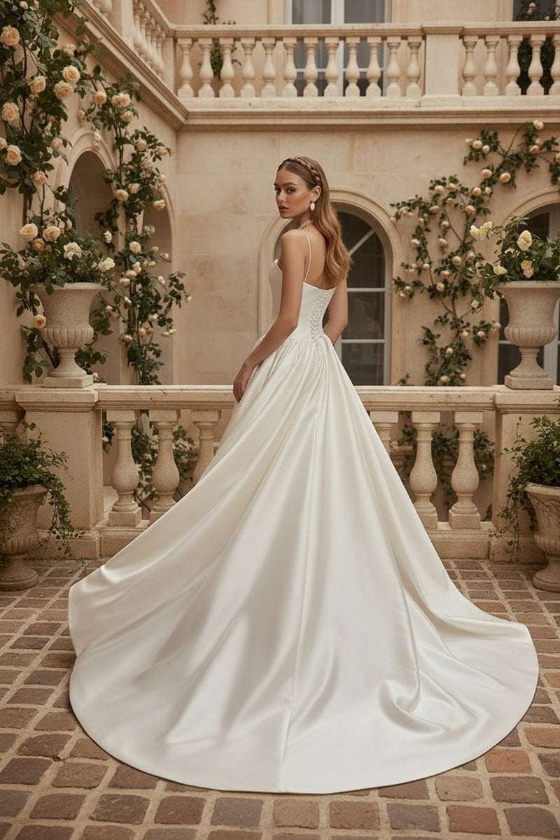 Spaghetti Strap A-Line Satin Wedding Dress