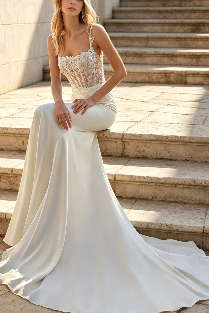 Spaghetti Strap Mermaid Beaded Appliques Satin Wedding Dress