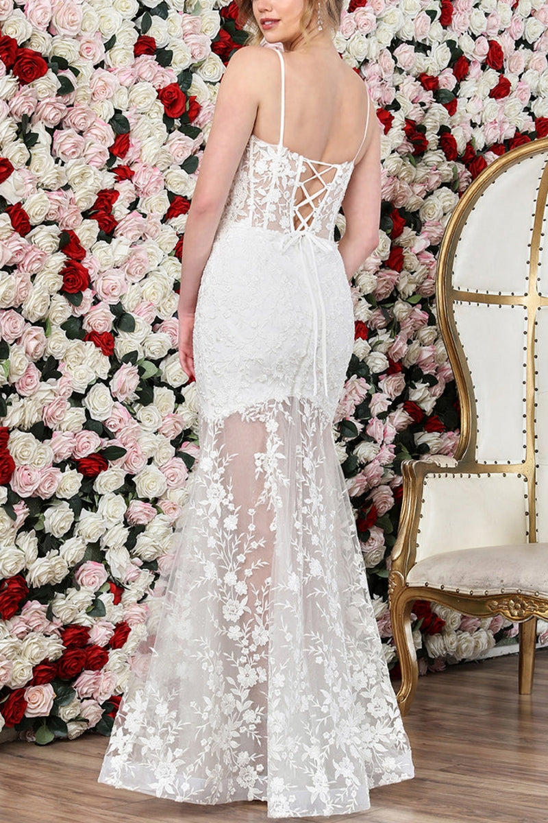 Spaghetti Strap Mermaid Floral Lace Tulle Wedding Dress with Slit