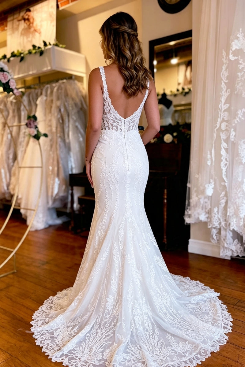 Spaghetti Strap Mermaid Lace Wedding Dress with Slit