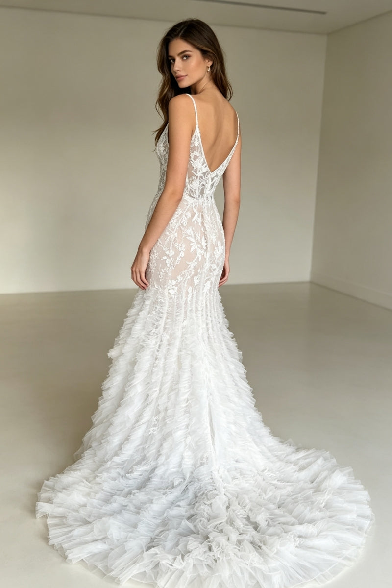 Spaghetti Strap Sweetheart Mermaid Lace Wedding Dress with Appliques