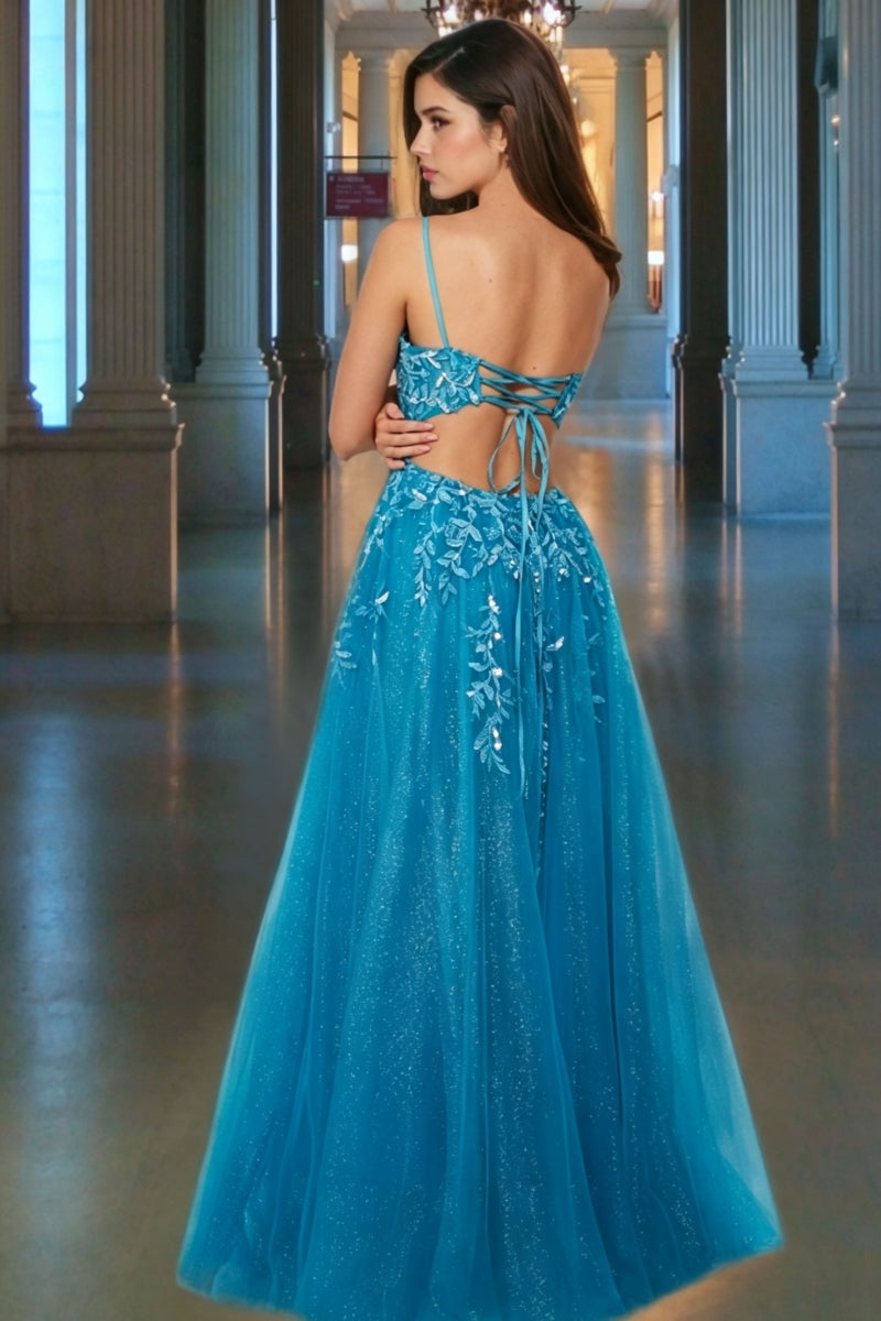 Spaghetti Strap V-Neck A-Line Appliques Lace Long Prom Dress with Slit