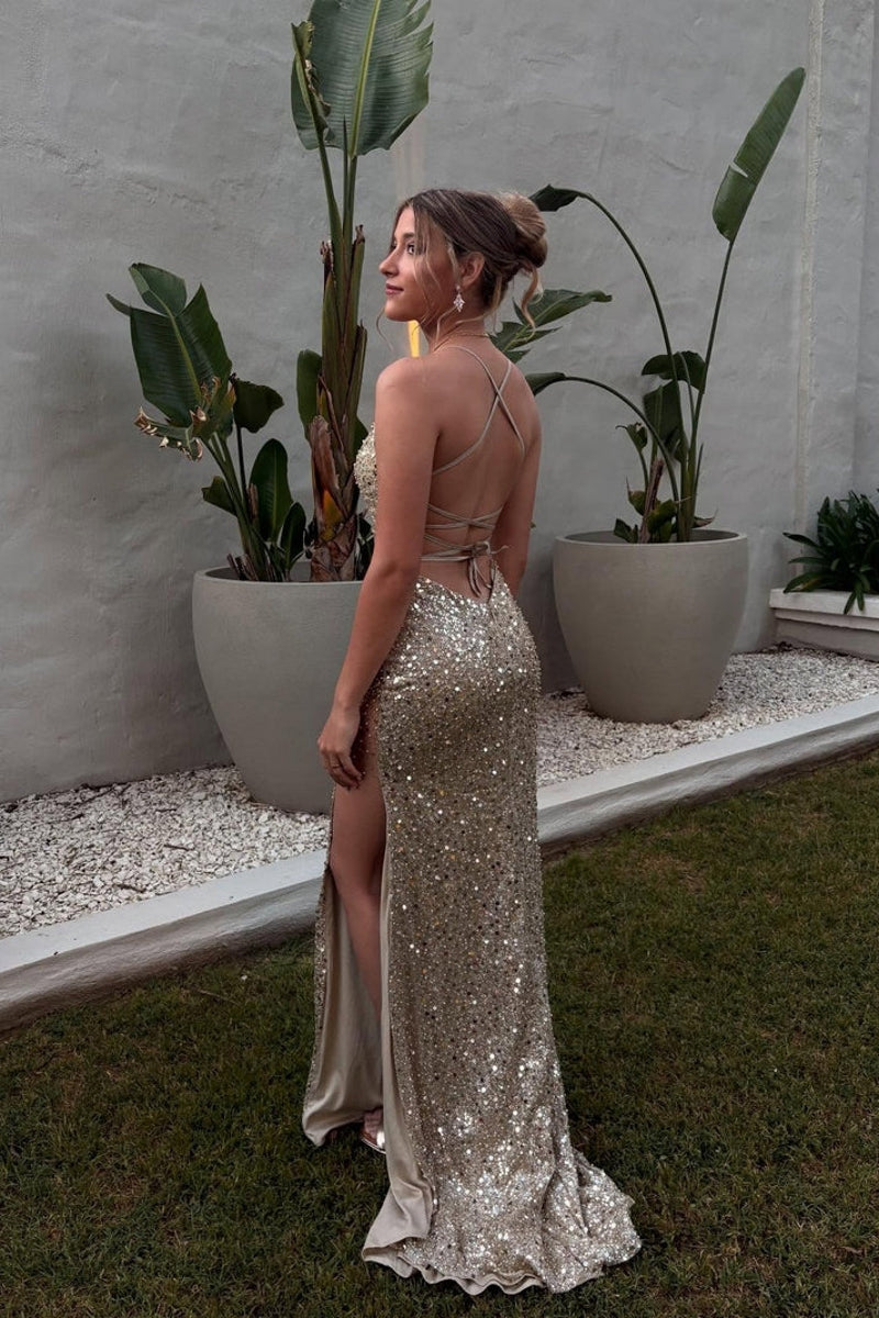 Spaghetti Strap V-Neck Mermaid Sequin Long Prom Dress with Slit
