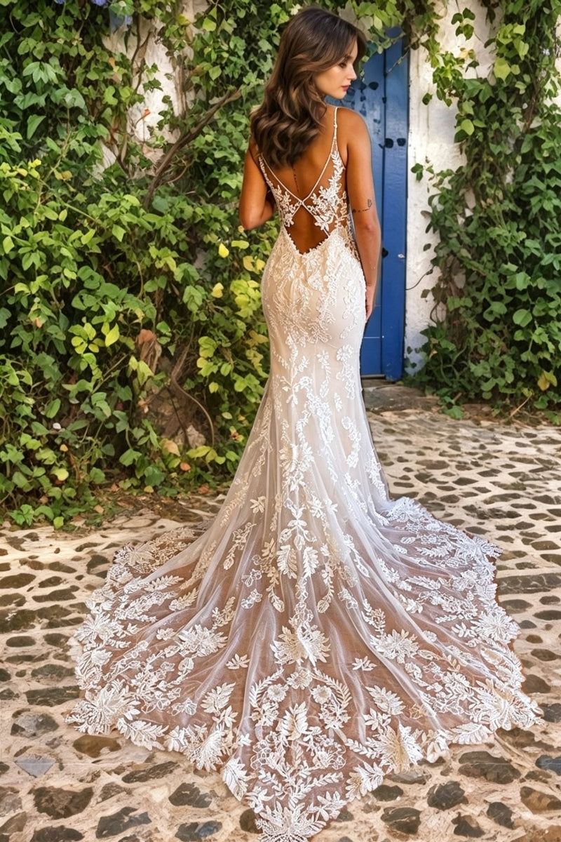 Spaghetti Strap V-Neck Mermaid Tulle Lace Wedding Dress with Appliques