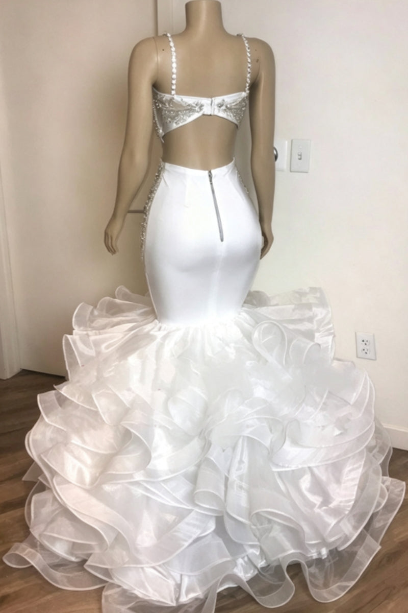 Spaghetti Straps Mermaid Ruffles White Prom Dresses Cheap Sleeveless Open Back Tiered Tulle Sexy Evening Gowns