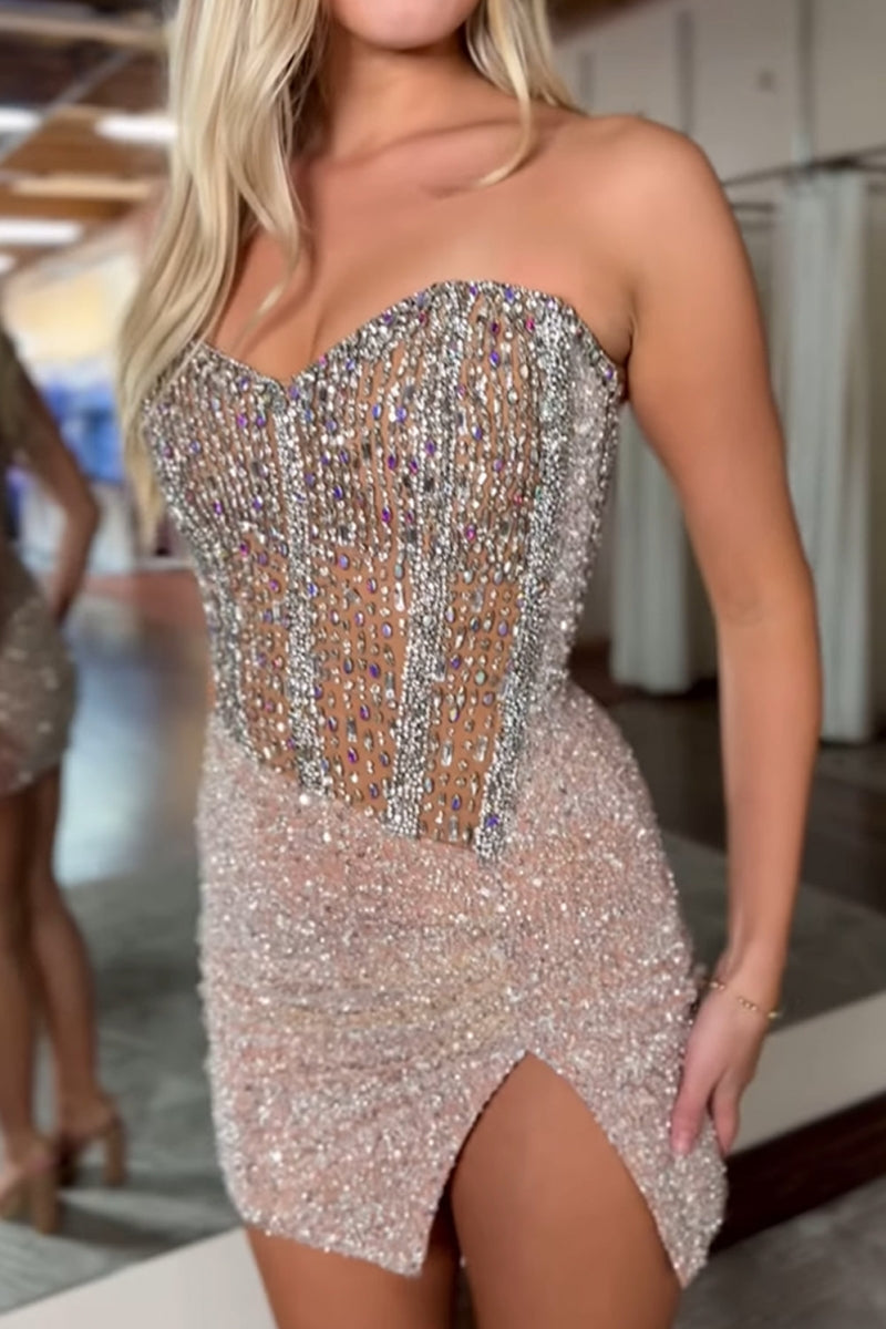 Sparkly Champagne Bodycon Strapless Slit Homecoming Dresses with Beaded
