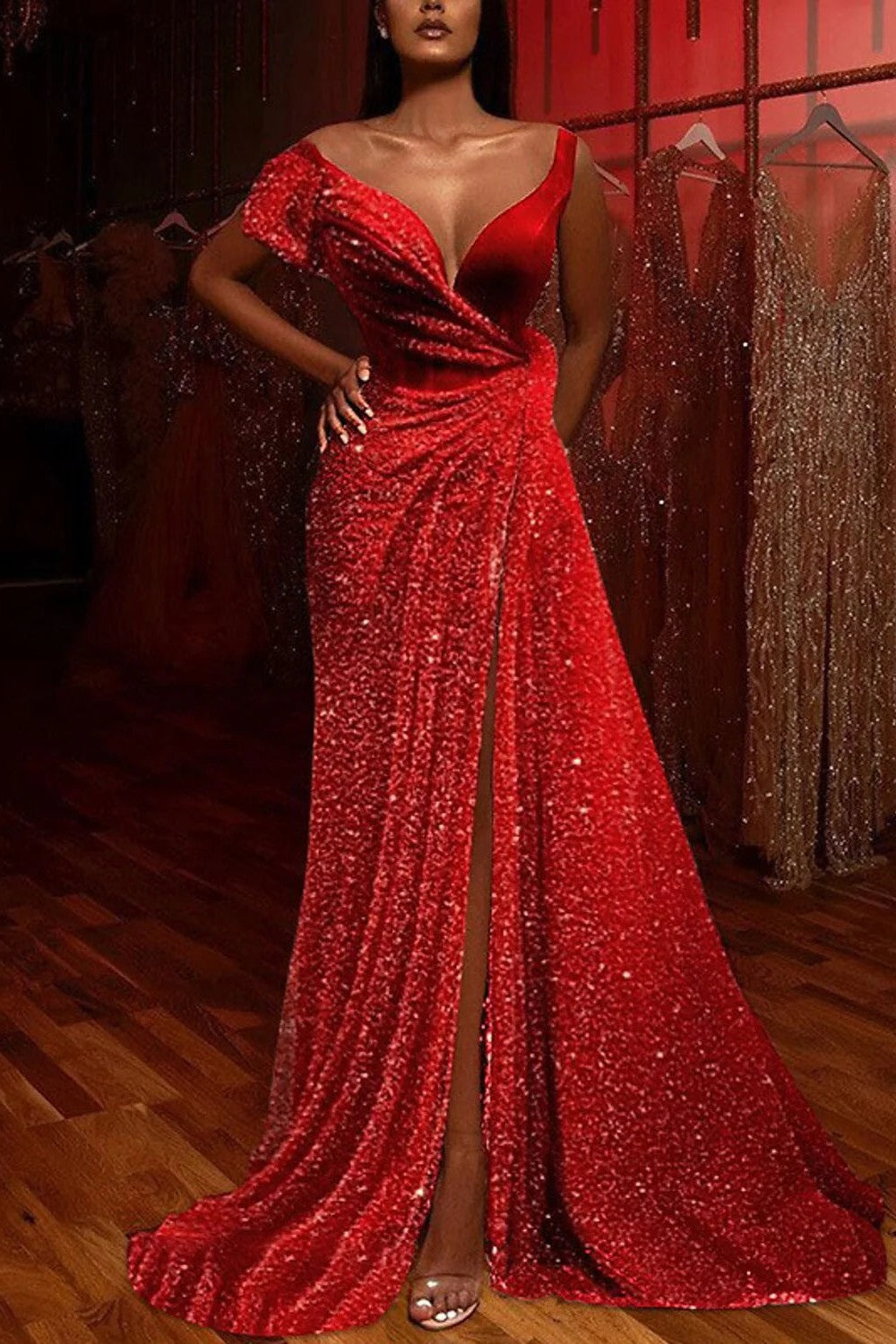 Sparkly High Split Prom Dress Sexy Red Sequin A-line Evening Gown