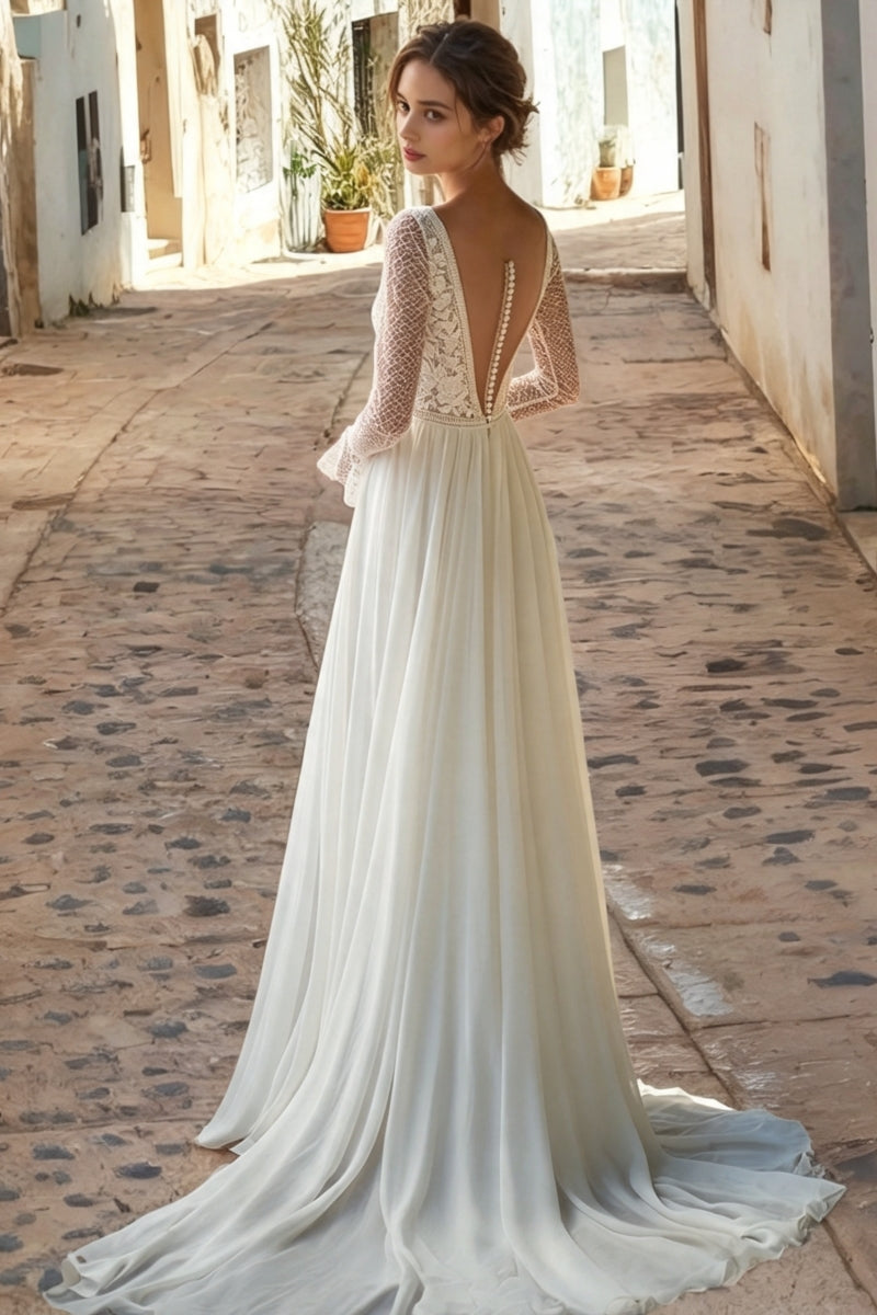 V-Neck A-Line Long Sleeves Wedding Dress with Slit