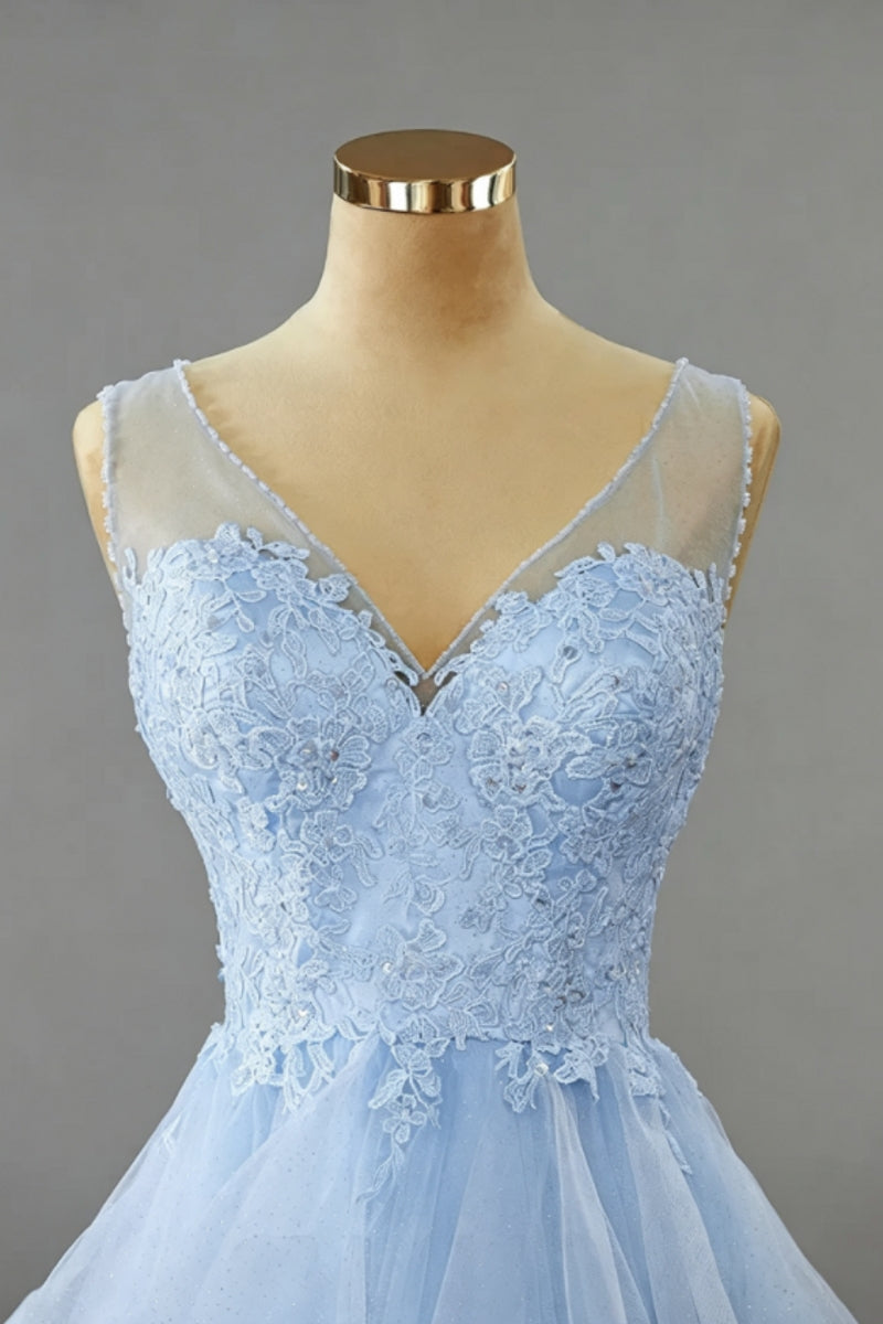 V-Neck A-Line Tulle Knee-Length Homecoming Dresses with Ruffles