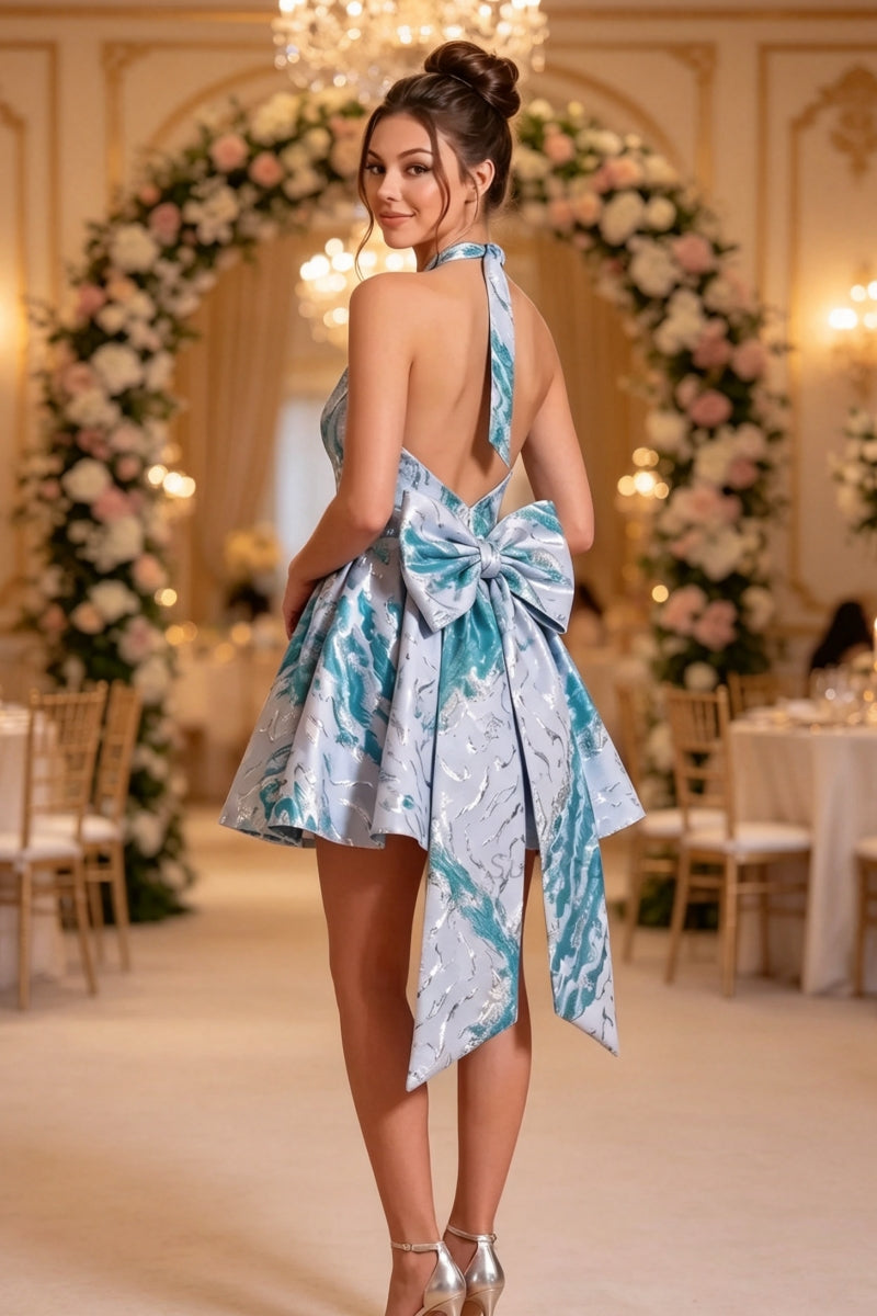 V-Neck Halter Floral Jacquard Homecoming Dresses with Bow