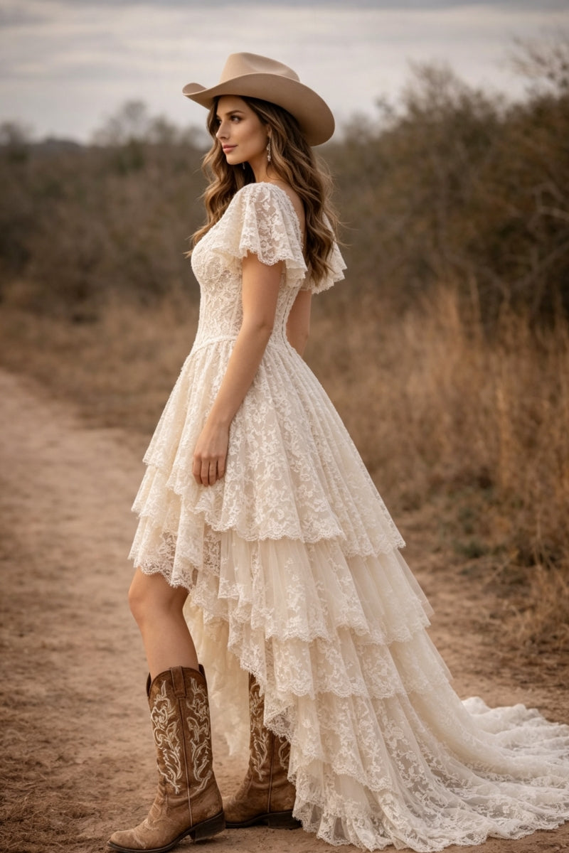 V-Neck High-Low Tulle Lace Wedding Dress with Ruffles