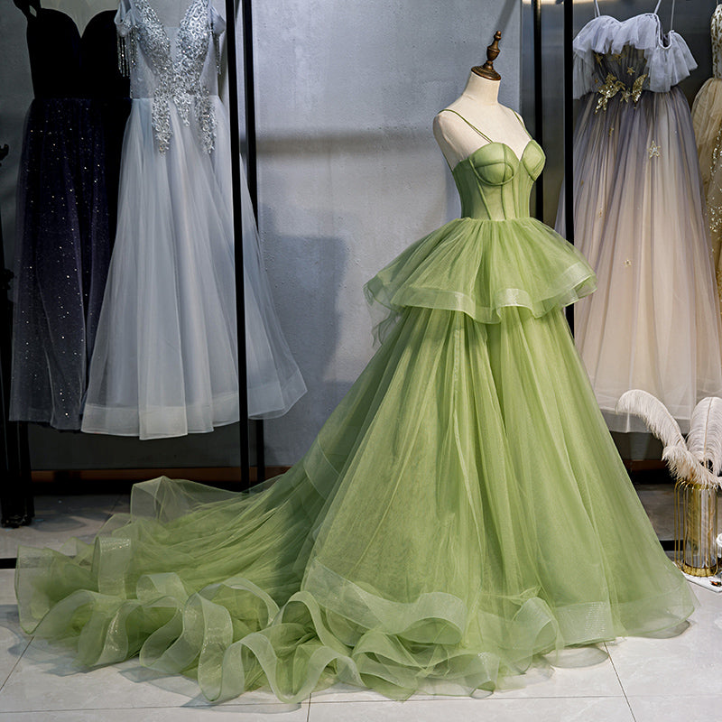 Vintage Green Tulle Peplum Prom Dresses Long Ball Gowns