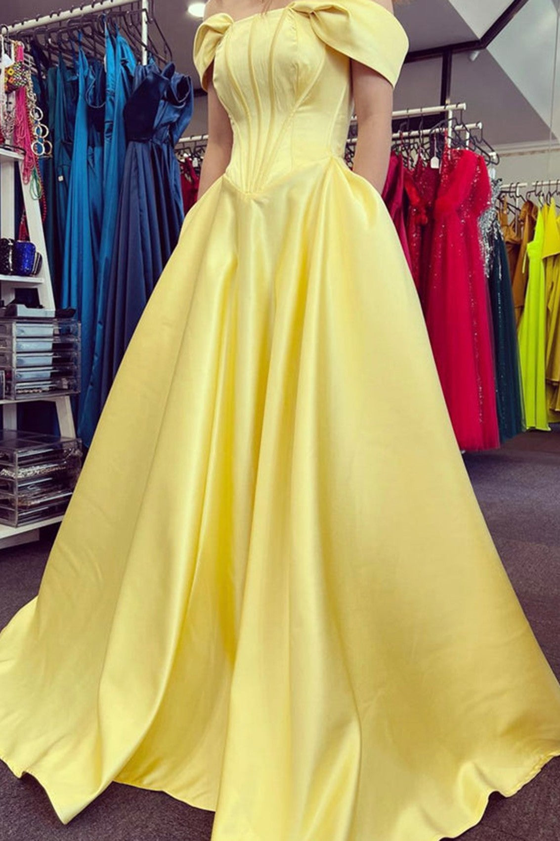 Yellow Corset Princess Prom Dress Off-the-Shoulder Evening Gown With Pockets
