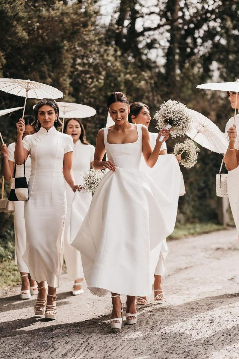 Simple White A-Line Square Neck  Satin Wedding Dresses