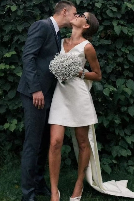 V-Neck A-Line Satin Short Wedding Dress with Large Bow