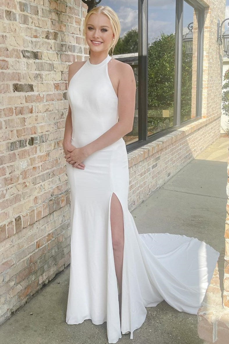 Halter Slit Mermaid Wedding Dress Simple White Backless Bridal Gown