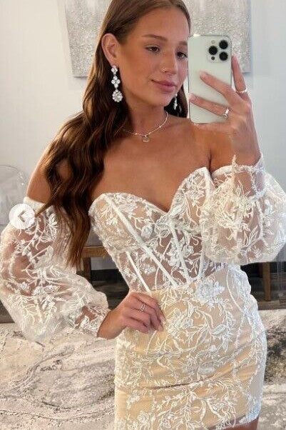 Sweetheart Lace Homecoming Dress Corset Short Prom Dress with Detachable Sleeves