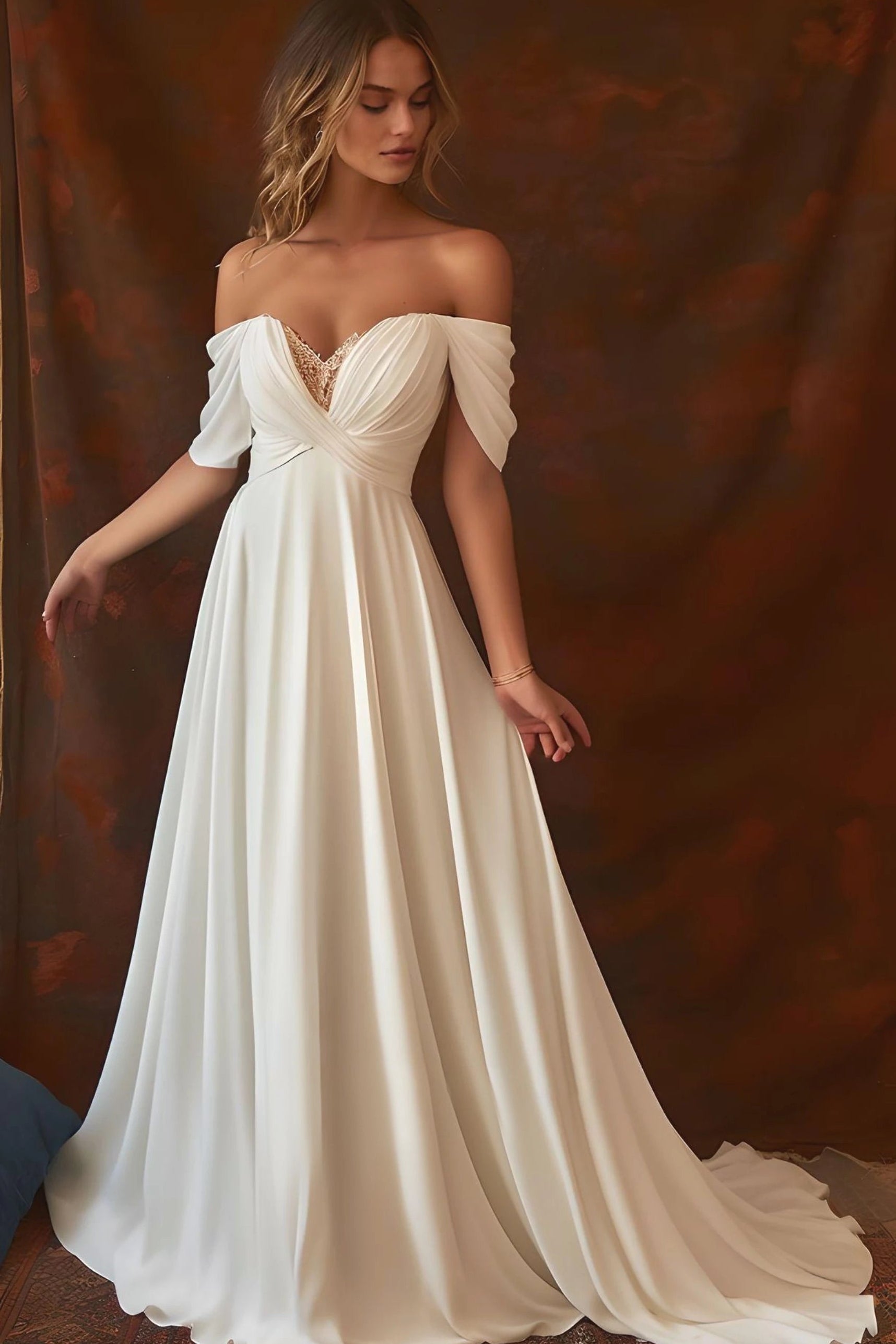 A-Line Chiffon Sleeveless Off-the-Shoulder Wedding Dress