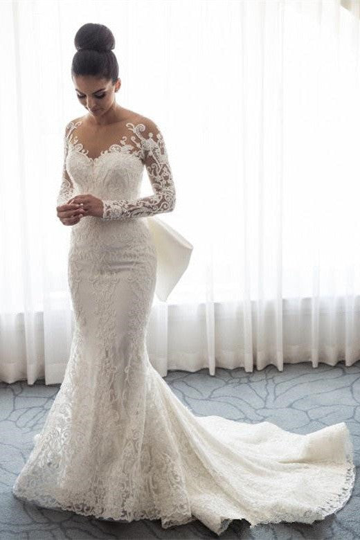 Lace Long Sleeves Mermaid Wedding Dress with Oversized Bow