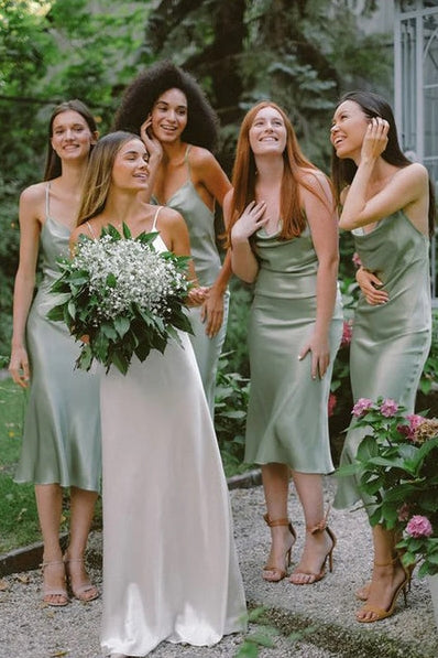 Sheath Cowl Neck Sage Silk Bridesmaid Dress In Ankle Length