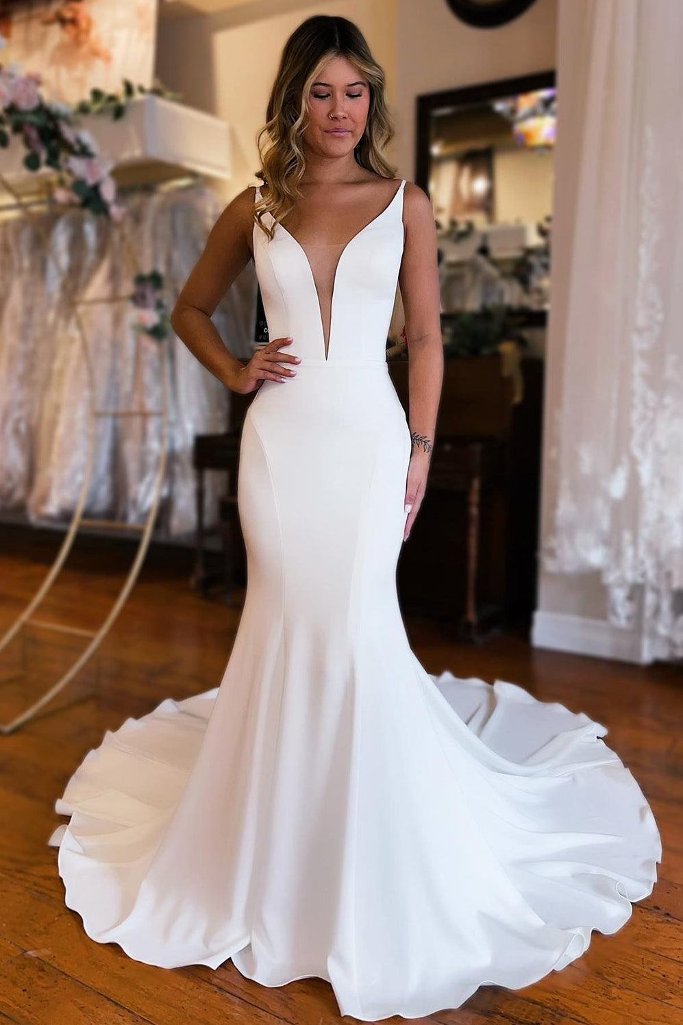 Simple White Mermaid Backless  Wedding Dress