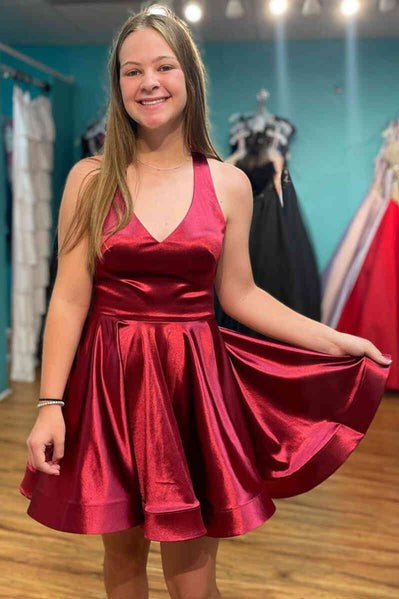 V Neck Short Backless Burgundy Homecoming Dress Short Prom Dress