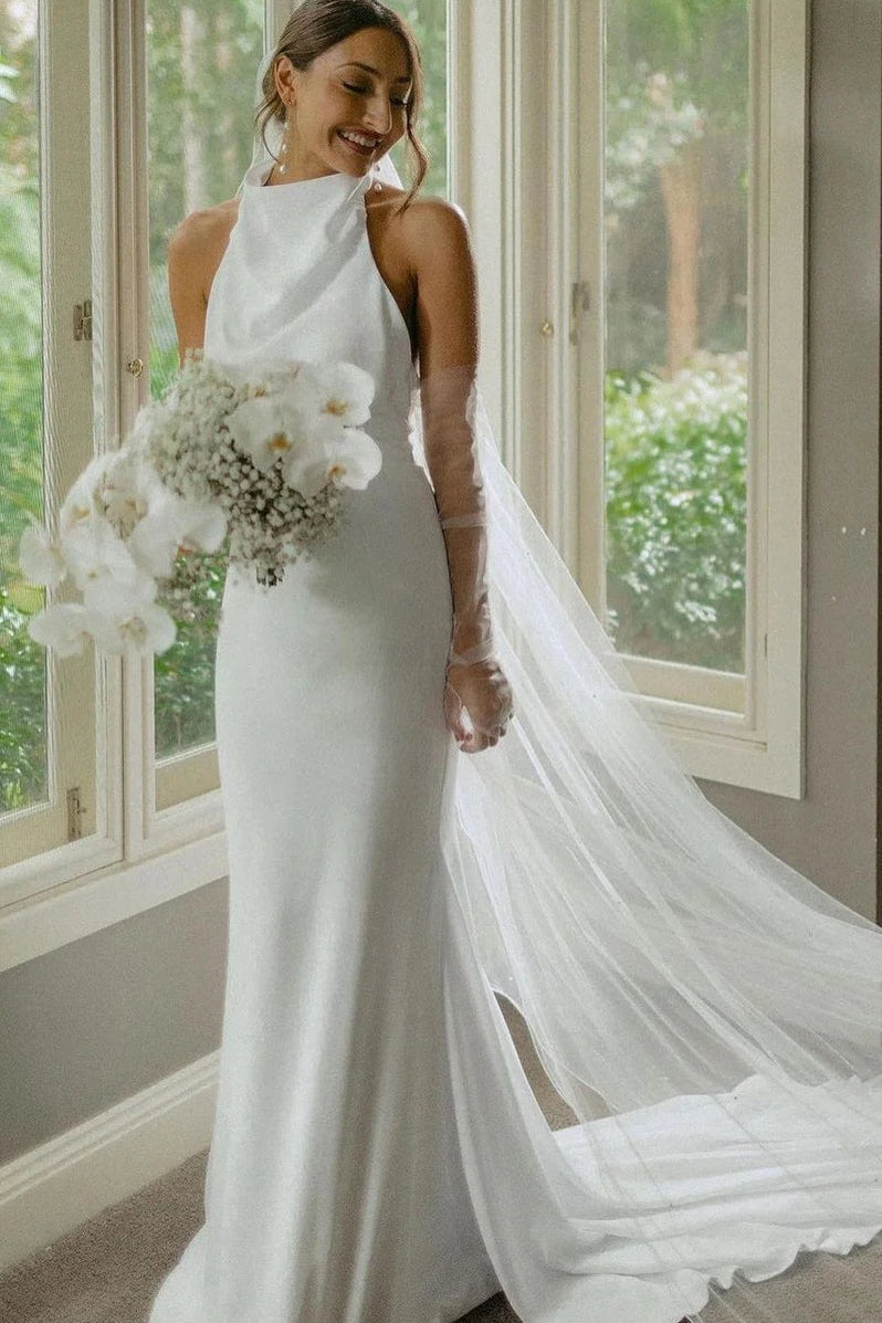 Simple Mermaid Halter Satin Wedding Dress with Open Back