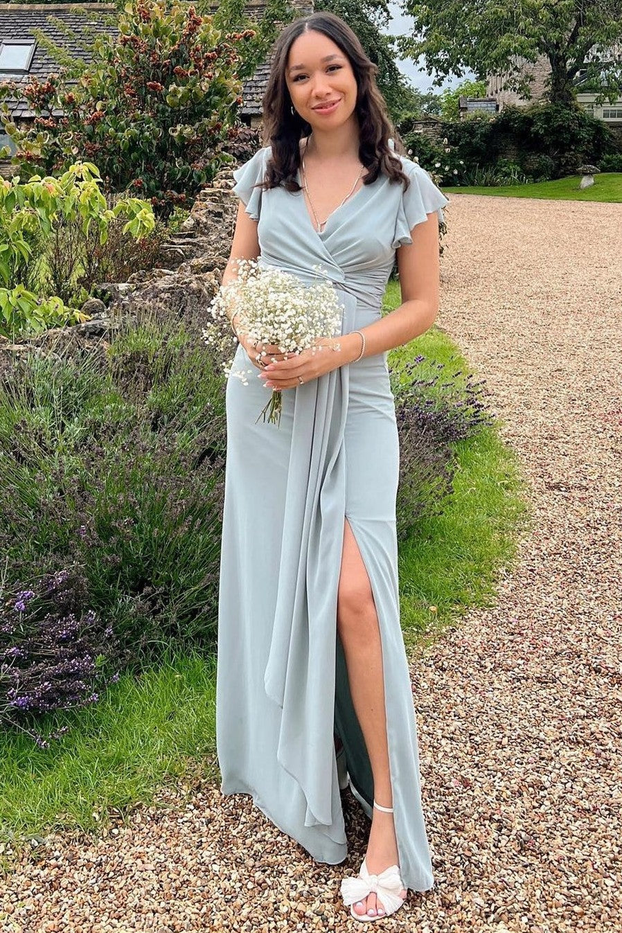 Dusty Blue Slit Bridesmaid Dress Ruffled Sleeves Chiffon Maid of Honor Dress