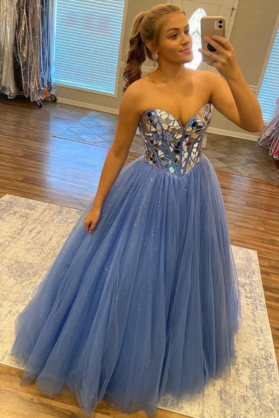 Sweetheart Glitter Sequin Prom Dress Lace Up Tulle A-Line Evening Gown
