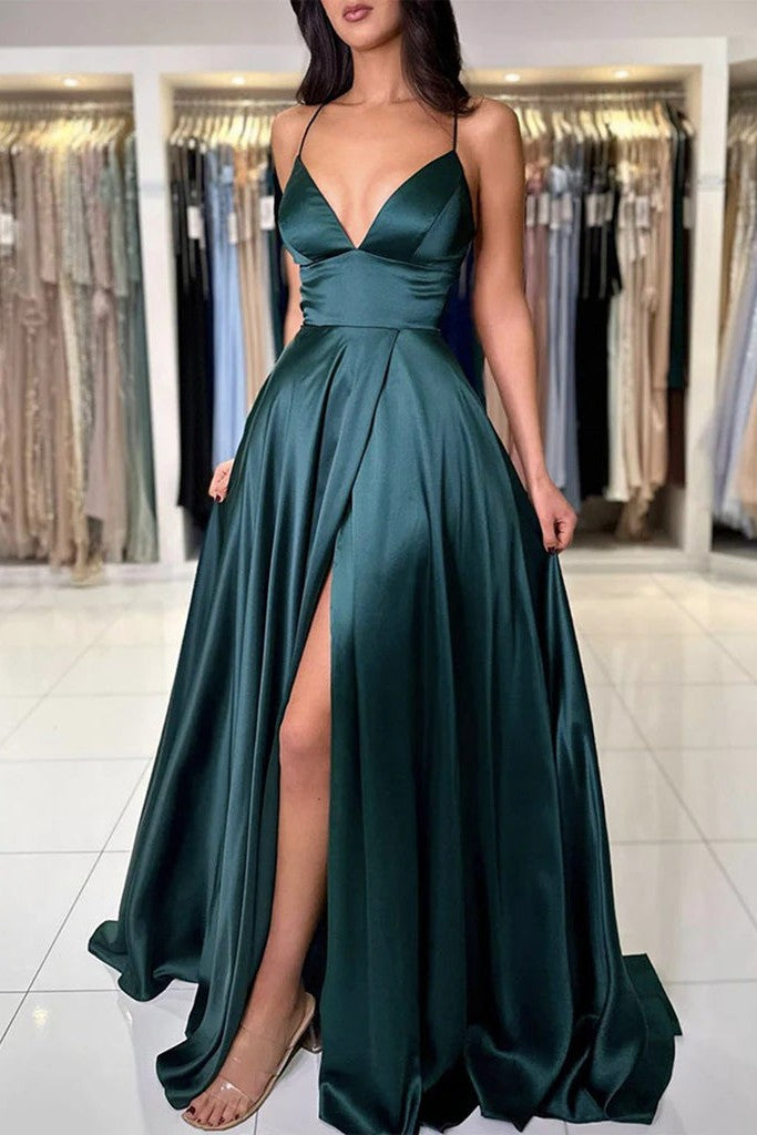 2026 Dark Green Prom Dress Sexy Slit Backless Satin Evening Gown