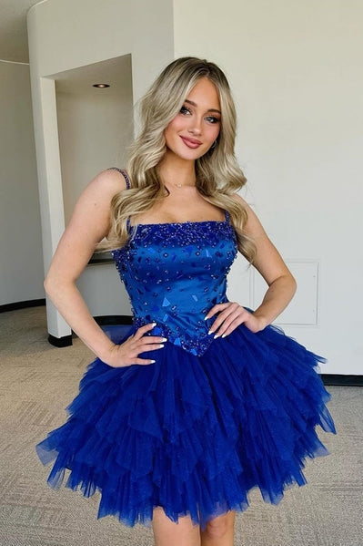 A Line Straps Tiered Homecoming Dress With Beads