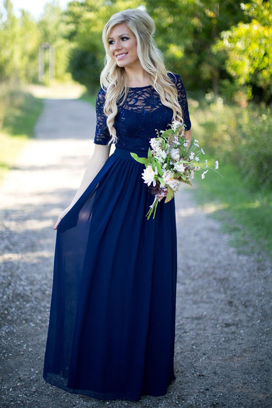 Half Sleeves Navy Blue Lace Bridesmaid Dresses