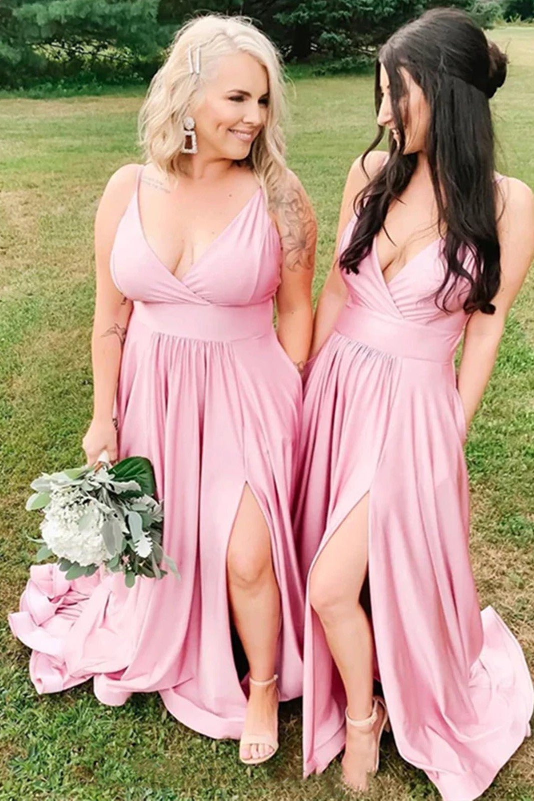 A Line V Neck Pink Long   Bridesmaid Dresses