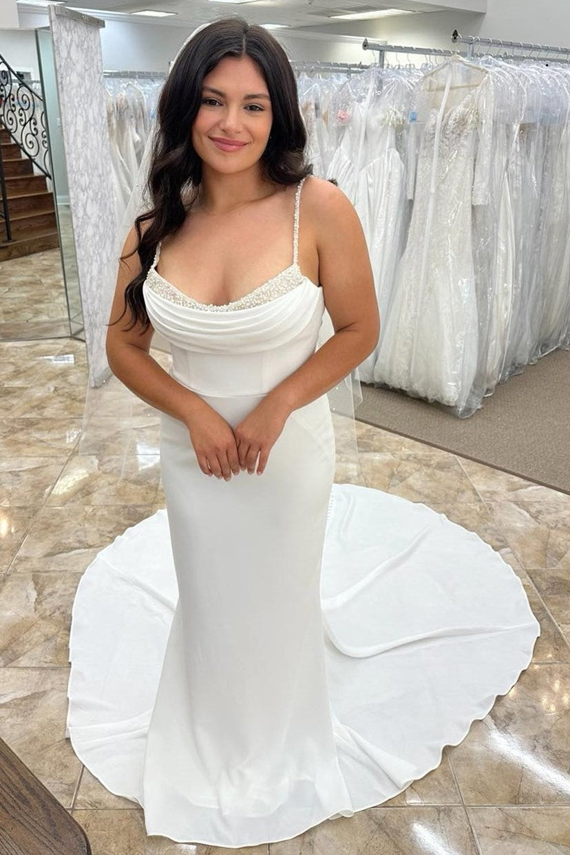 Cowl Neck Backless Wedding Dress With Beads And Pleats